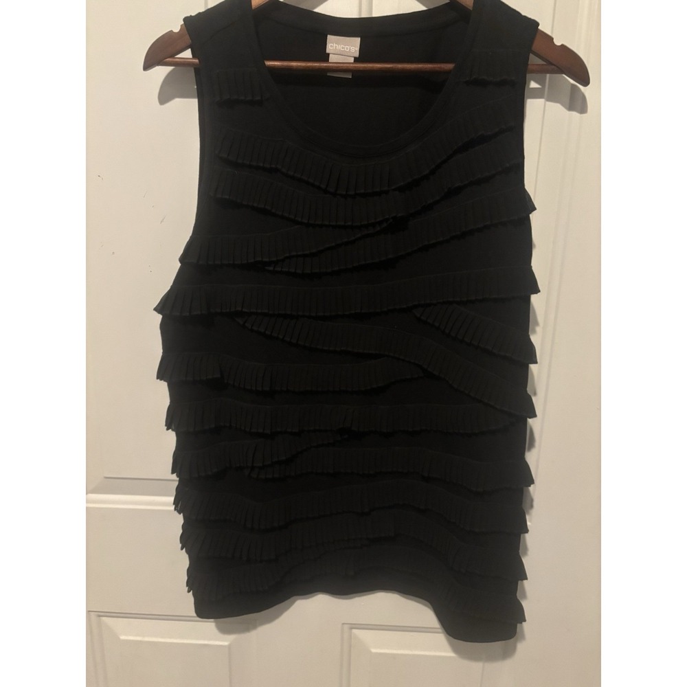 Chicos Top Black Asymmetric Pleated Tiered Sleeveless Blouse Size 2 Large Women